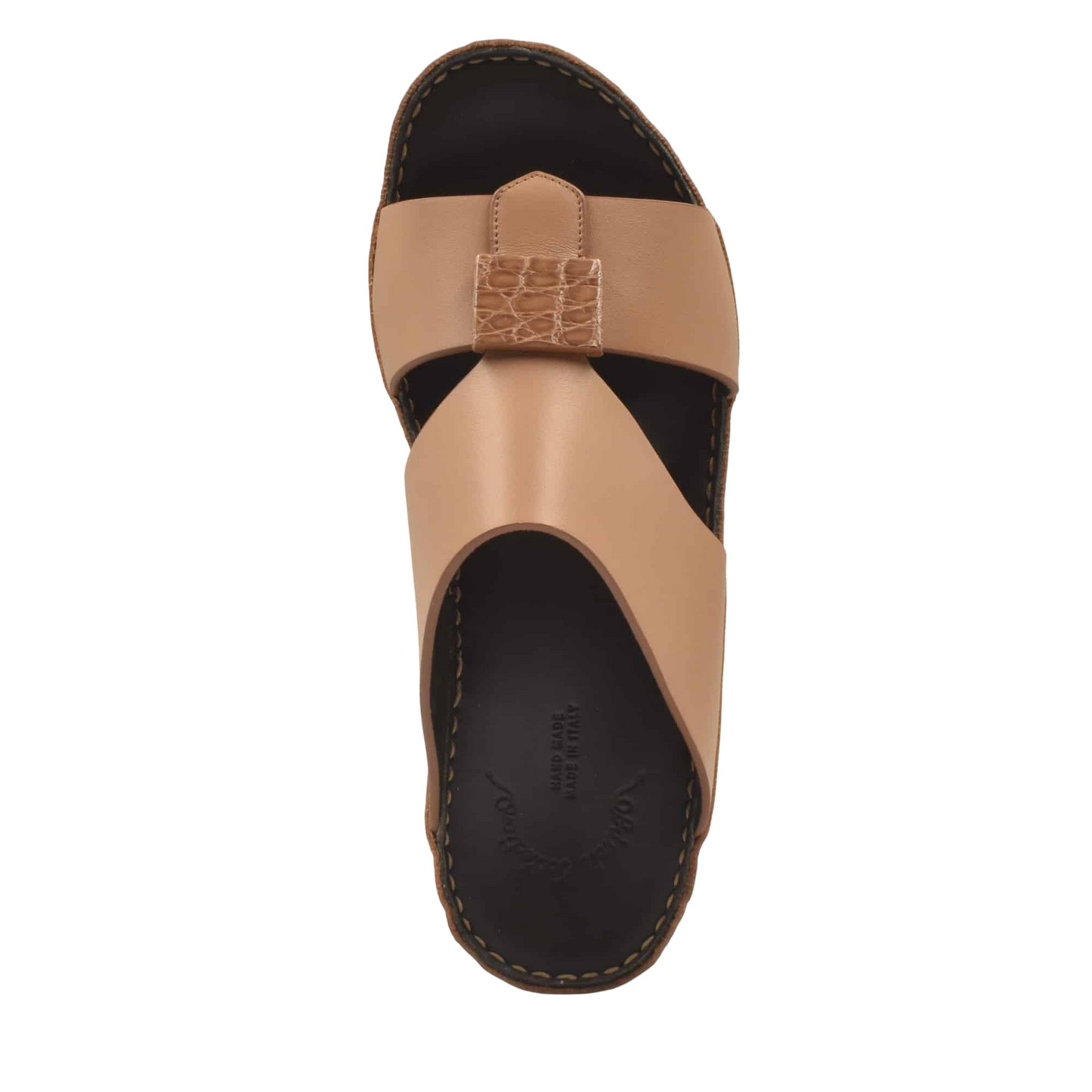 Tan leather Cerchio buckle sandals with black cushioned footbed and stitched sole