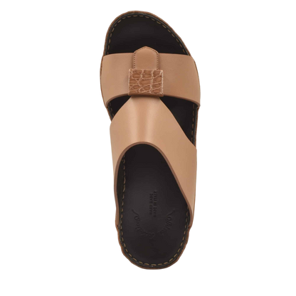 Tan leather Cerchio buckle sandals with black cushioned footbed and stitched sole