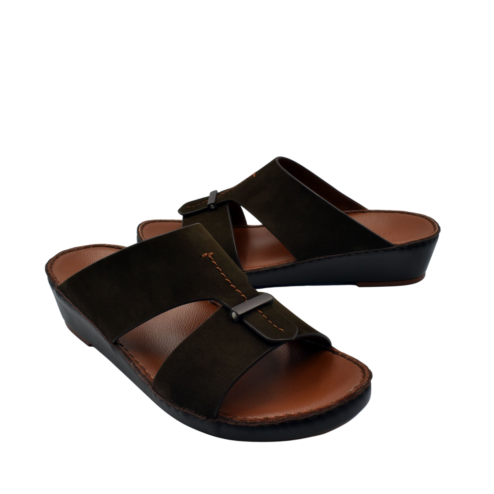 Black cerchio cucire comfort shoes slip-on sandals with cushioned brown footbed and adjustable strap