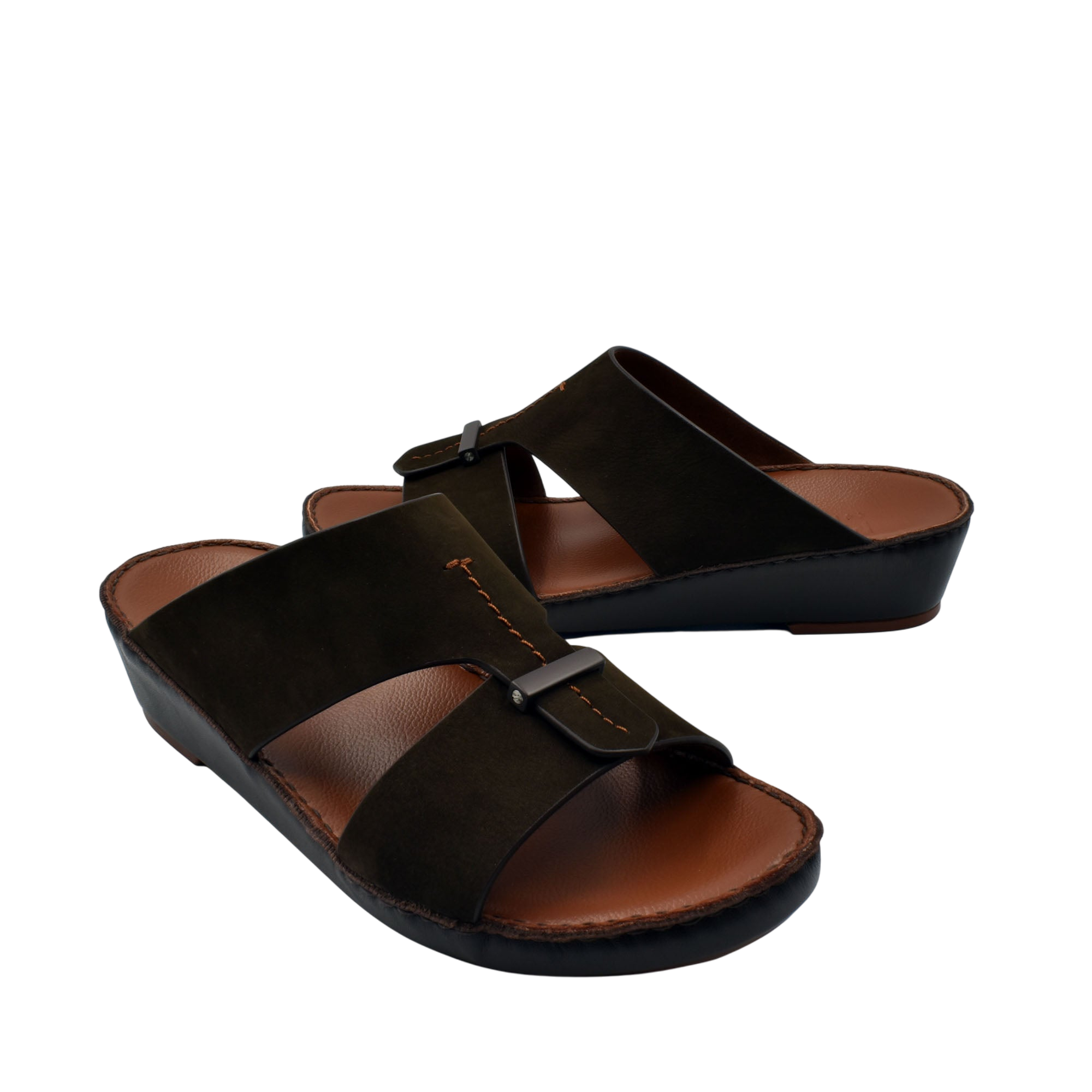 Black cerchio cucire comfort shoes slip-on sandals with cushioned brown footbed and adjustable strap