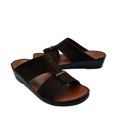 Black cerchio cucire comfort shoes slip-on sandals with cushioned brown footbed and adjustable strap