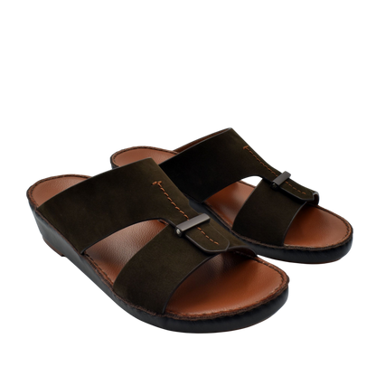 Pair of black cerchio cucire comfort shoes with brown cushioned footbed and adjustable strap