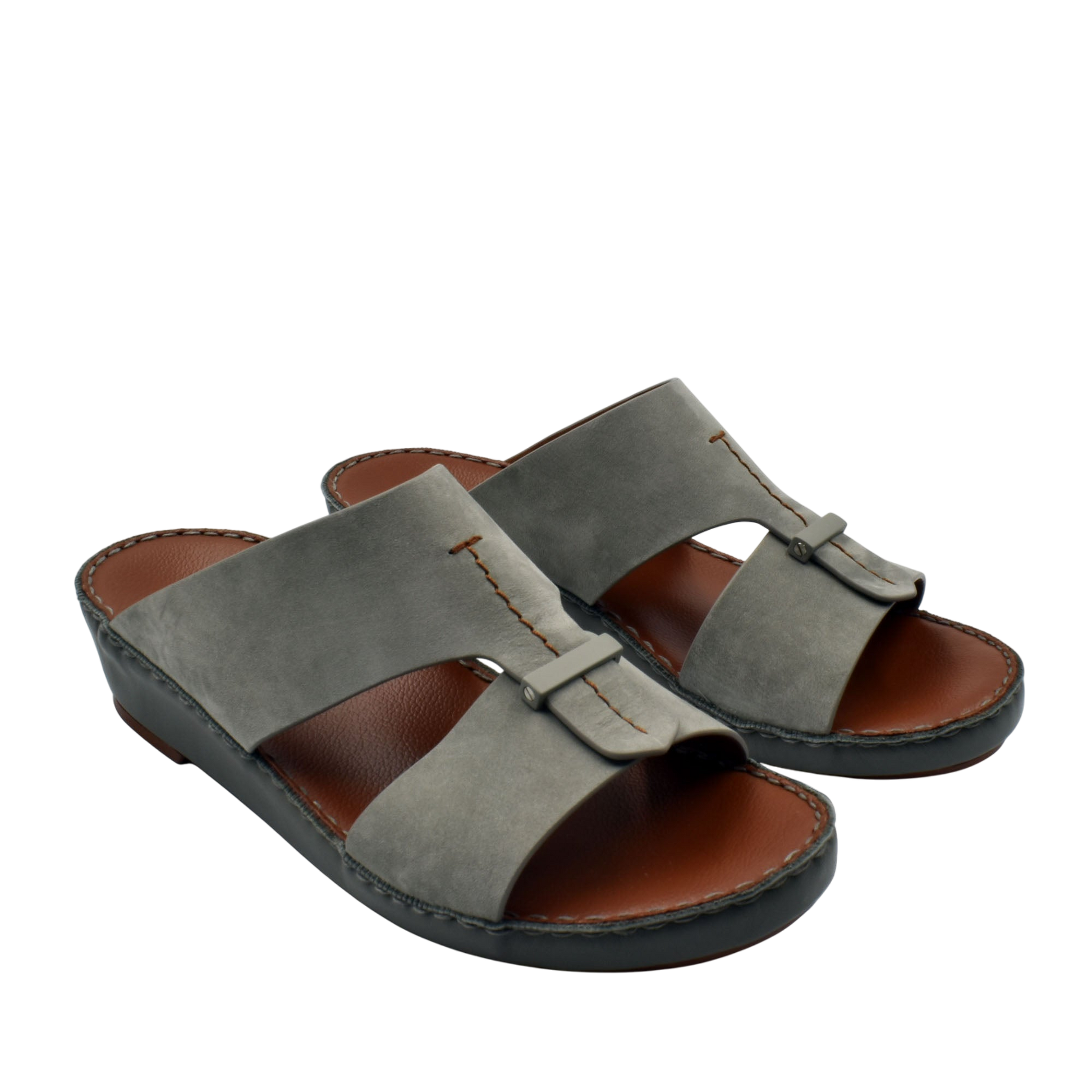 Gray slip-on cerchio cucire comfort shoes with cushioned brown insoles and adjustable strap