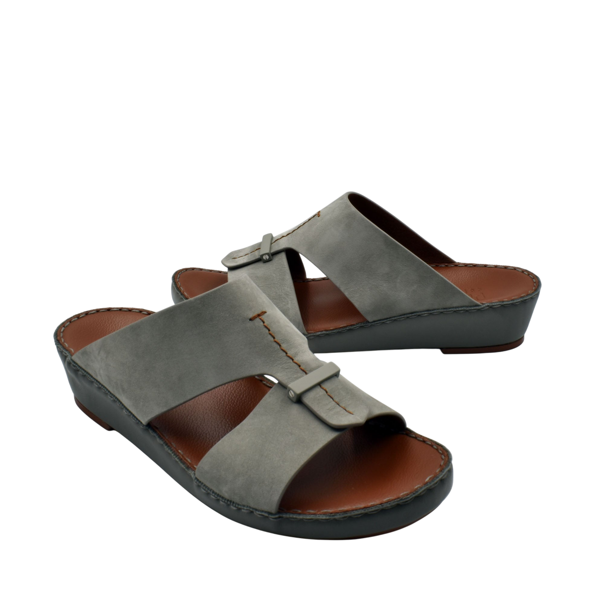 Gray leather cerchio cucire comfort shoes with open toe and adjustable straps on black sole