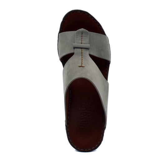 Top view of gray leather cerchio cucire comfort shoes with brown insole and stitching details