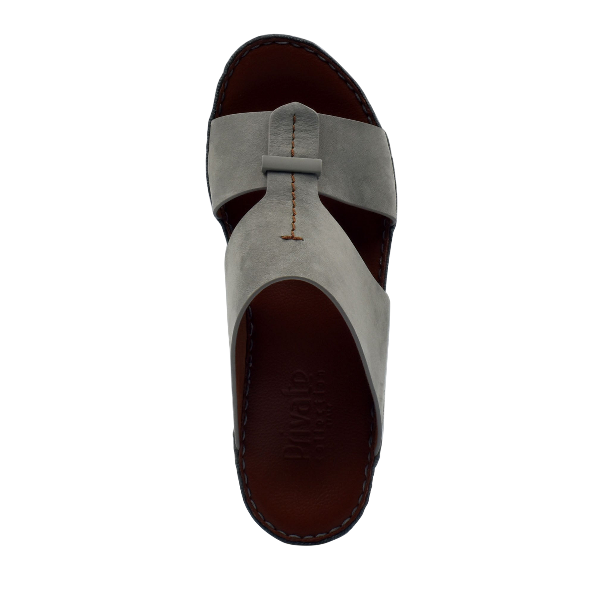 Top view of gray leather cerchio cucire comfort shoes with brown insole and stitching details