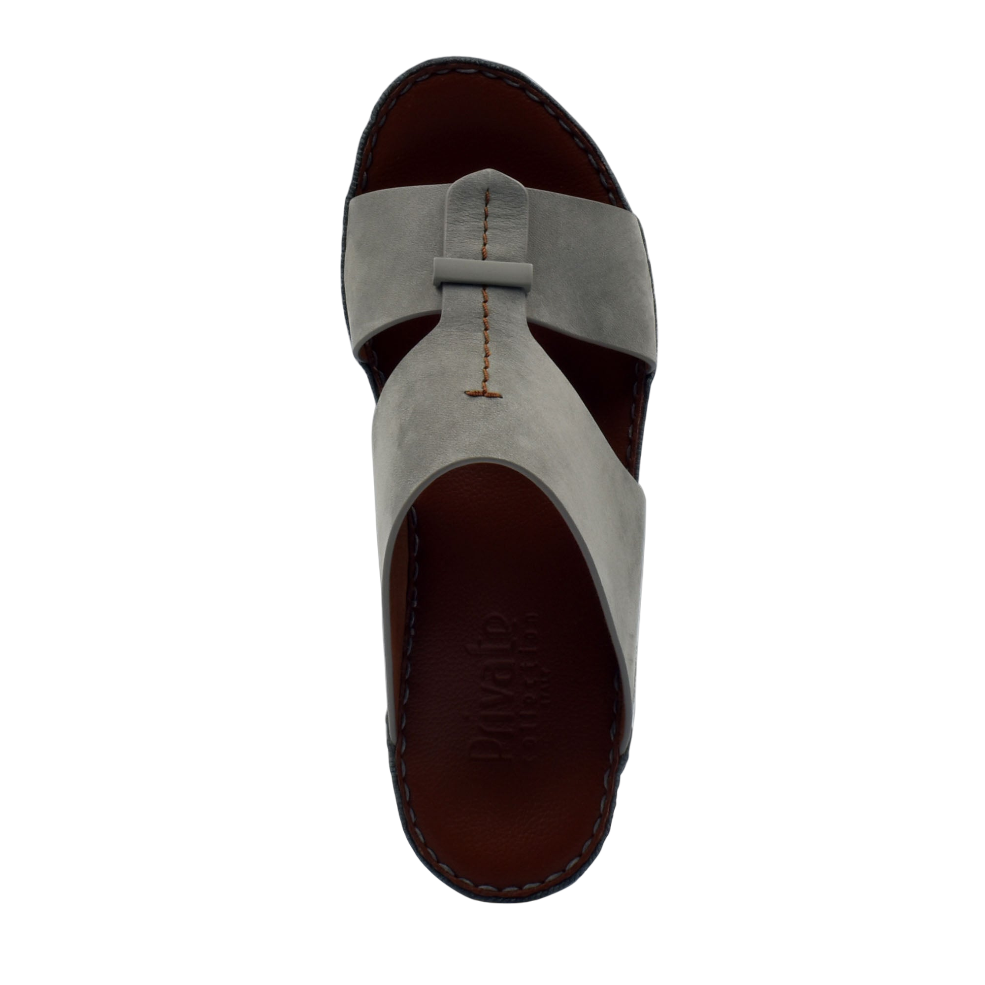 Top view of gray leather cerchio cucire comfort shoes with brown insole and stitching details