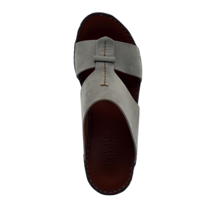 Top view of gray leather cerchio cucire comfort shoes with brown insole and stitching details