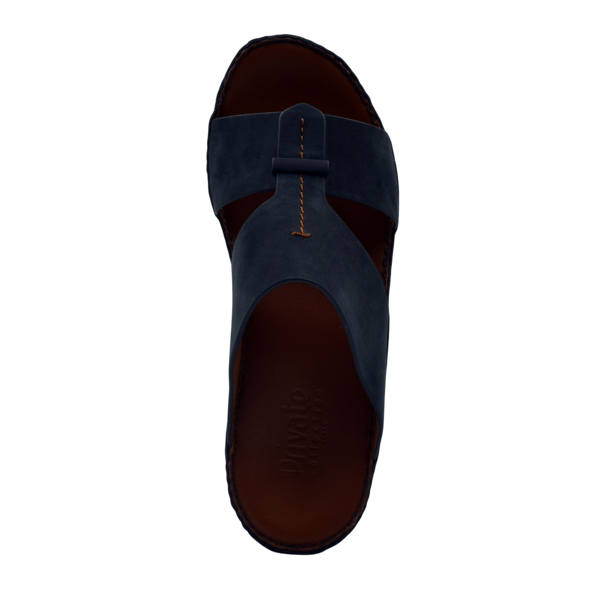 Top view of navy blue cerchio cucire comfort shoes sandal with brown sole from Private Collection