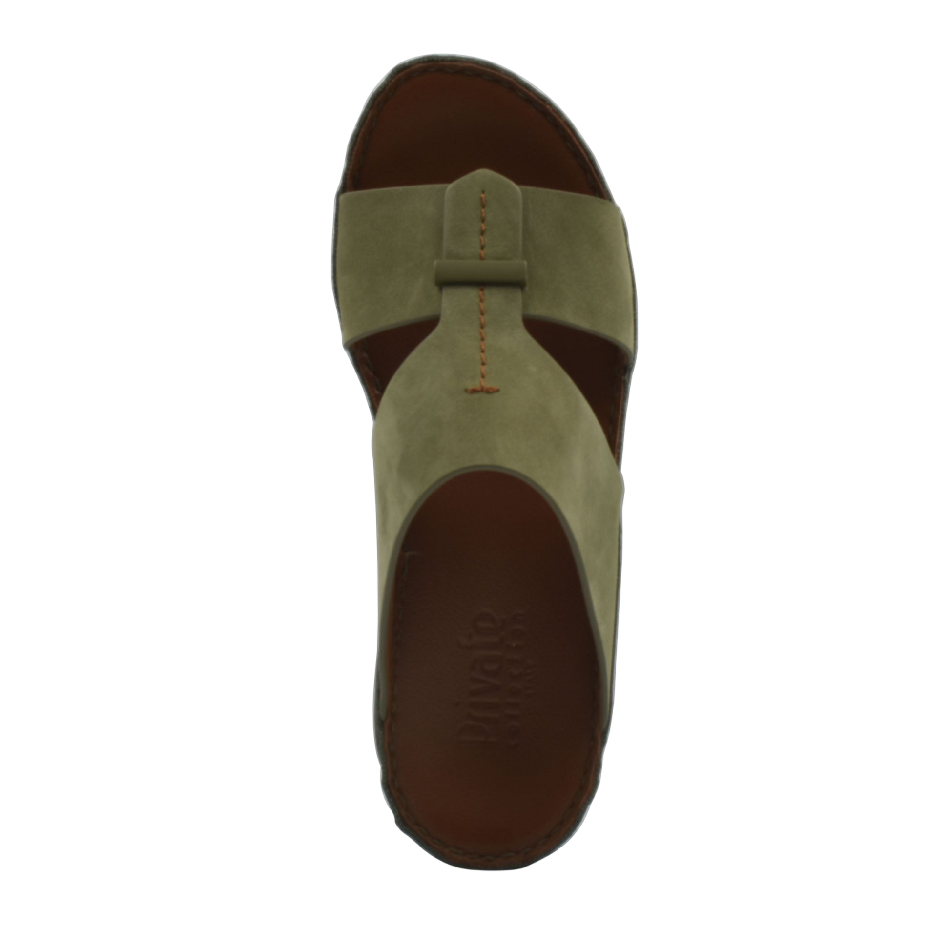 Top view of olive green cerchio cucire comfort shoes with cushioned brown footbed and stitched details