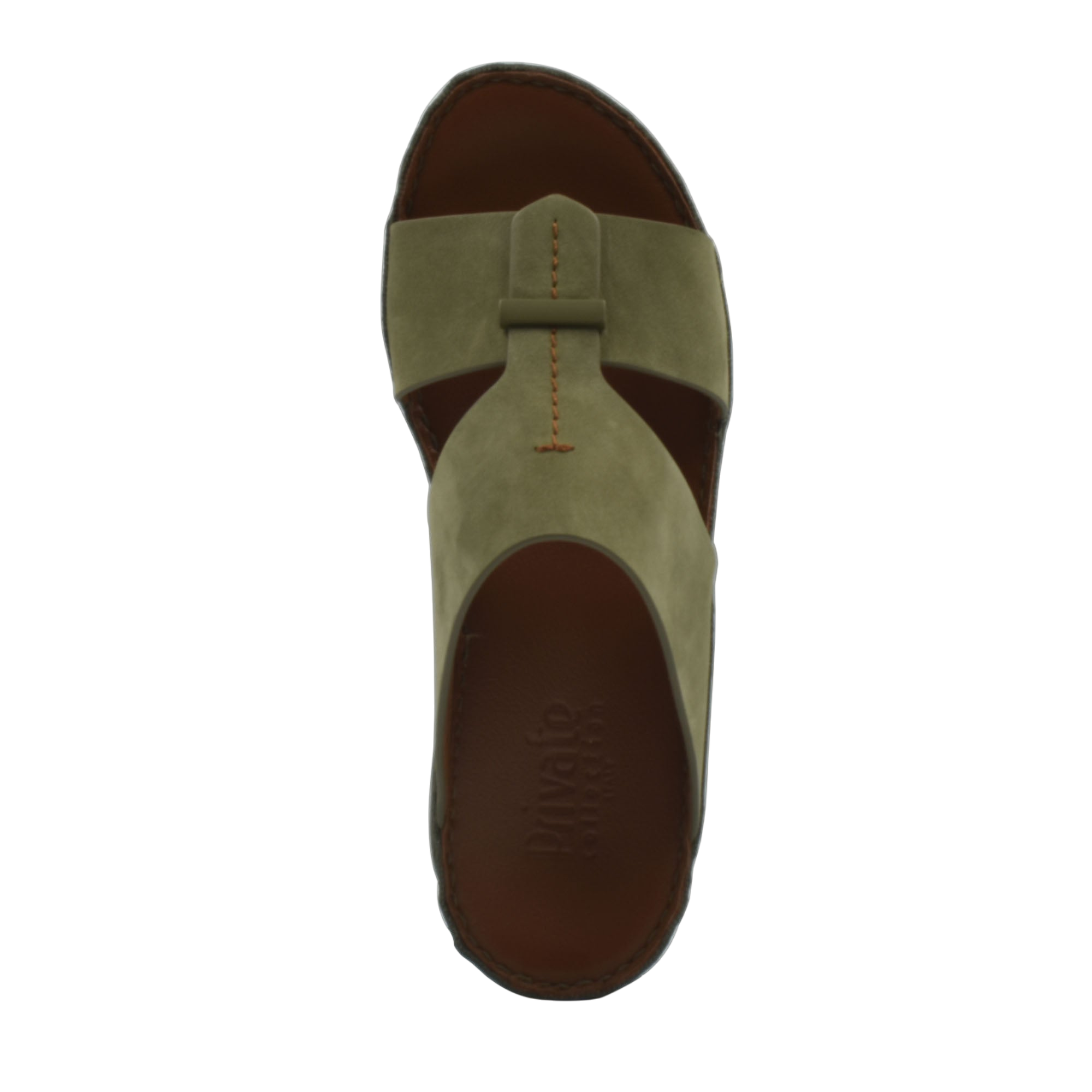Top view of olive green cerchio cucire comfort shoes with cushioned brown footbed and stitched details