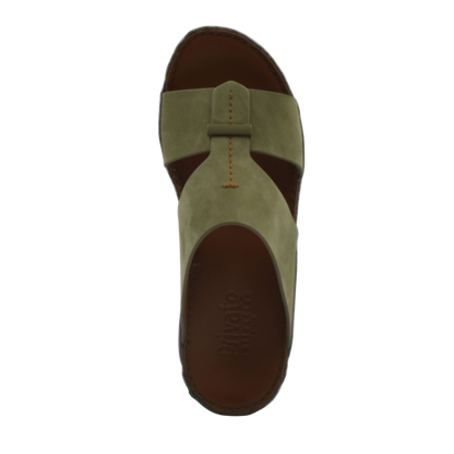 Top view of olive green cerchio cucire comfort shoes with cushioned brown footbed and stitched details