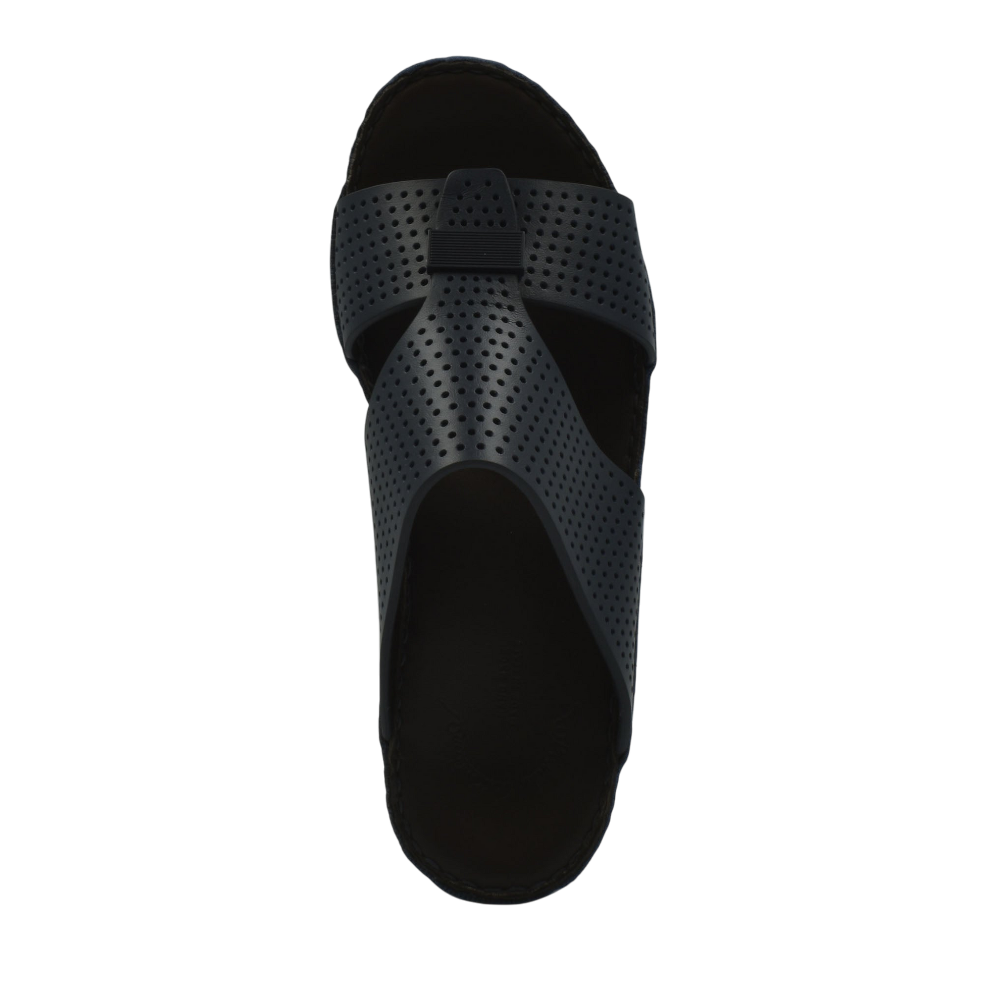 Top view of black Cerchio Gomato sandals with perforated straps and cushioned sole
