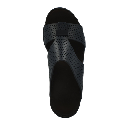 Top view of black Cerchio Gomato sandals with perforated straps and cushioned sole