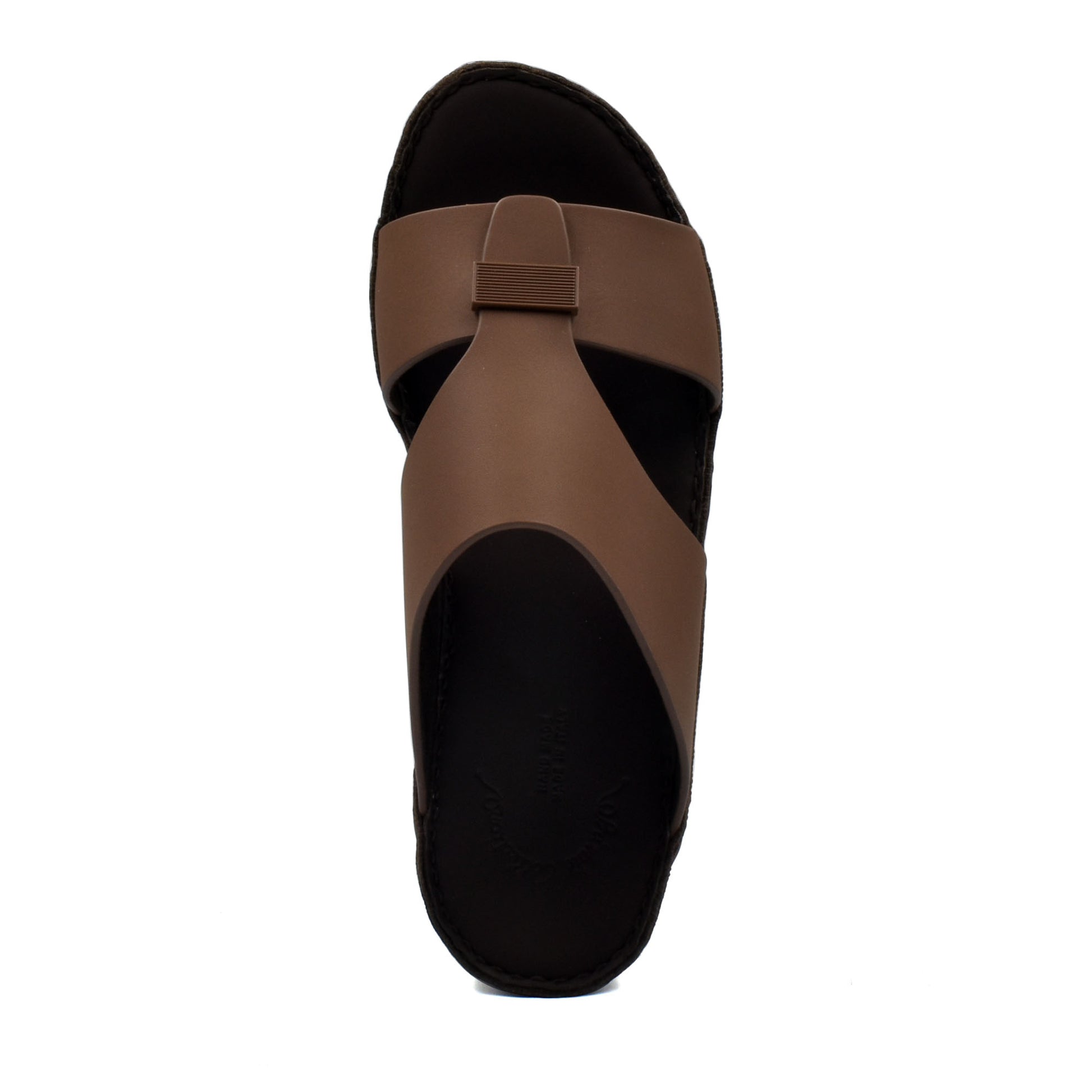 Top view of brown Cerchio Gomato sandals with black sole and minimalist design