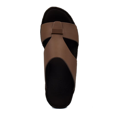 Top view of brown Cerchio Gomato sandals with black sole and minimalist design