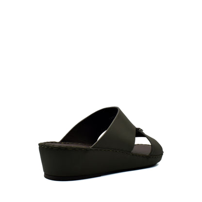 Side view of dark brown Cerchio Gomato sandals with wedge sole and open toe design