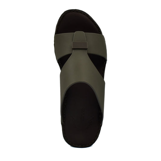 Olive green Cerchio Gomato sandals with black sole and wide cross straps from Private collection