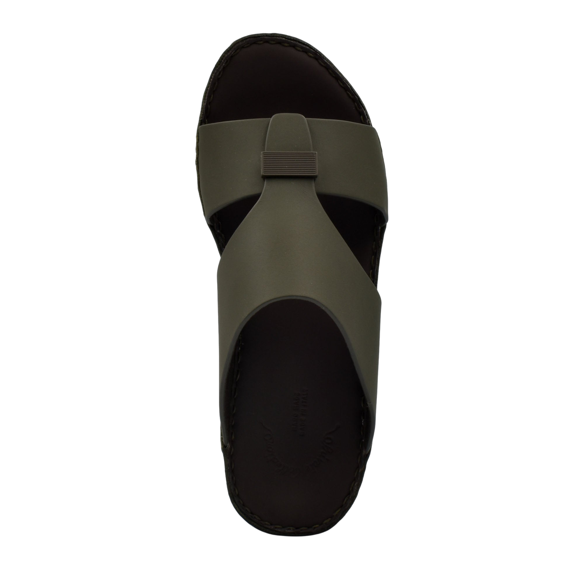 Olive green Cerchio Gomato sandals with black sole and wide cross straps from Private collection