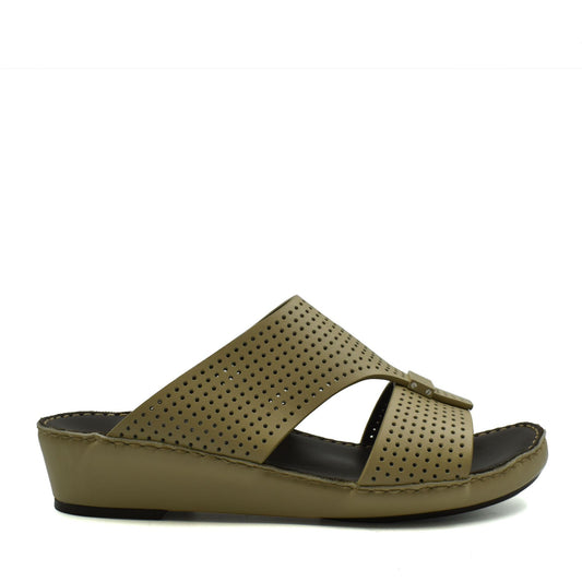 Olive green perforated leather Cerchio Gomato sandals with cushioned wedge sole for comfort
