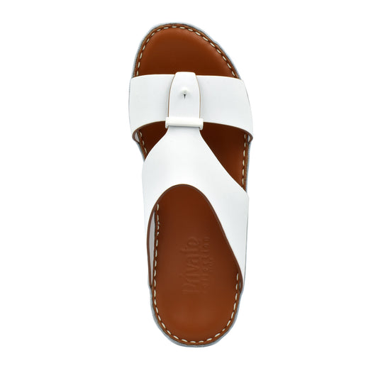 White Cinghia Sacoche sandals with brown sole and stitched edges by Private Collection