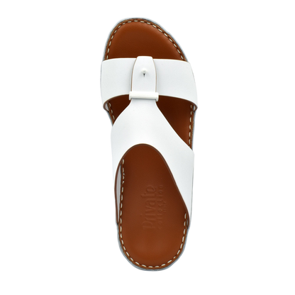 White Cinghia Sacoche sandals with brown sole and stitched edges by Private Collection