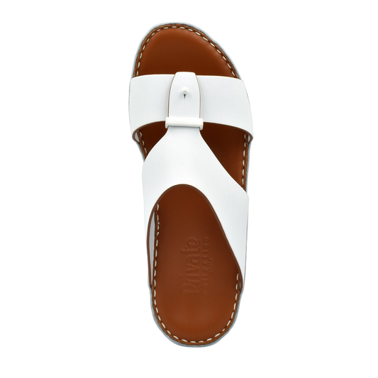 White Cinghia Sacoche sandals with brown sole and stitched edges by Private Collection