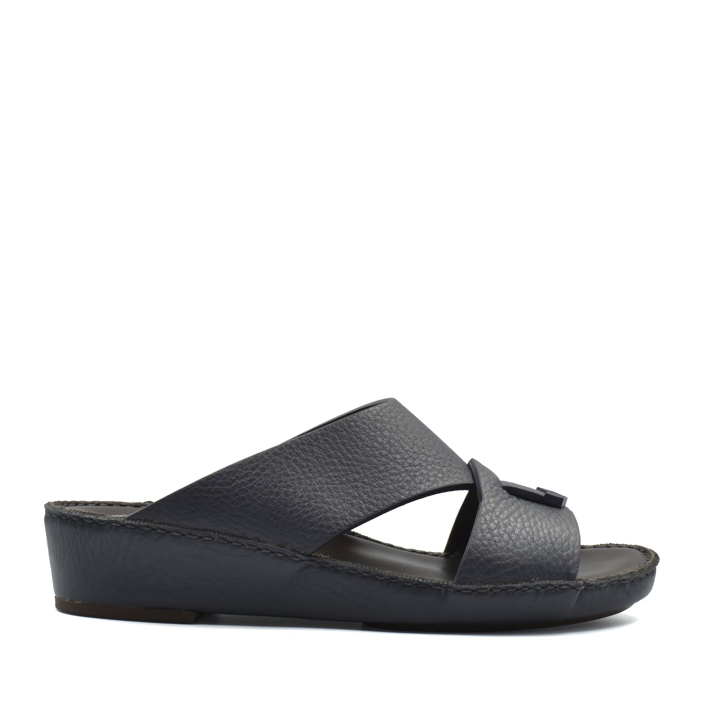 Private Collection black luxury leather sandals with crisscross straps and low wedge heel