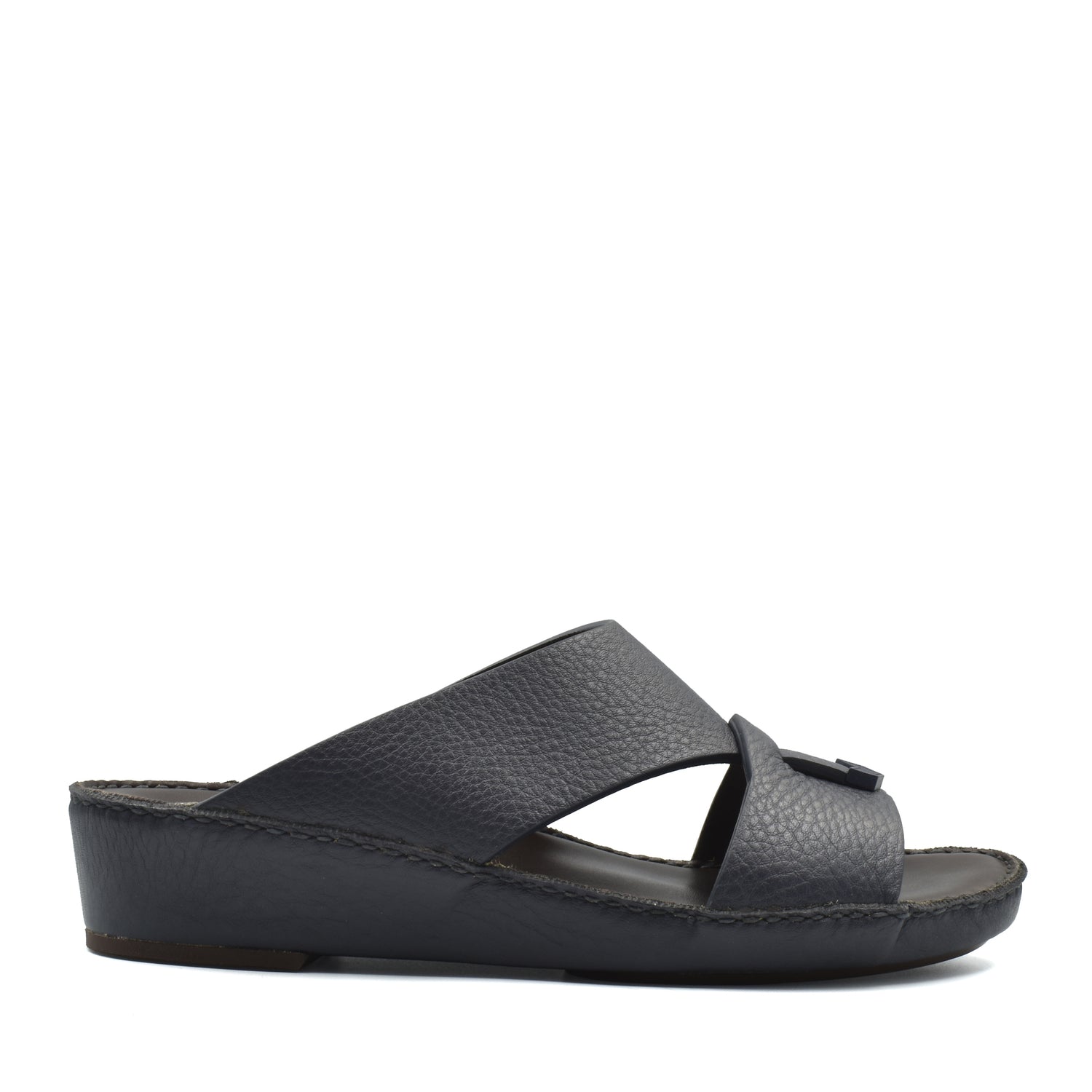 Private Collection black luxury leather sandals with crisscross straps and low wedge heel