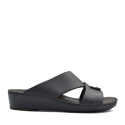 Private Collection black luxury leather sandals with crisscross straps and low wedge heel