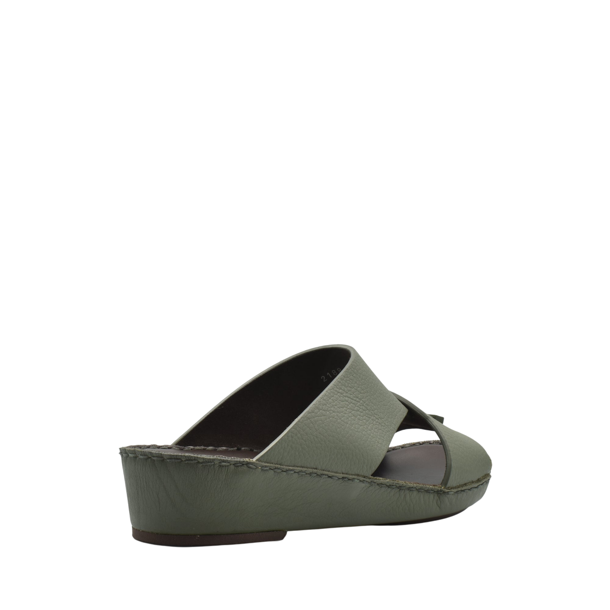 Olive green luxury leather sandals with crisscross straps and low wedge heel by Private Collection