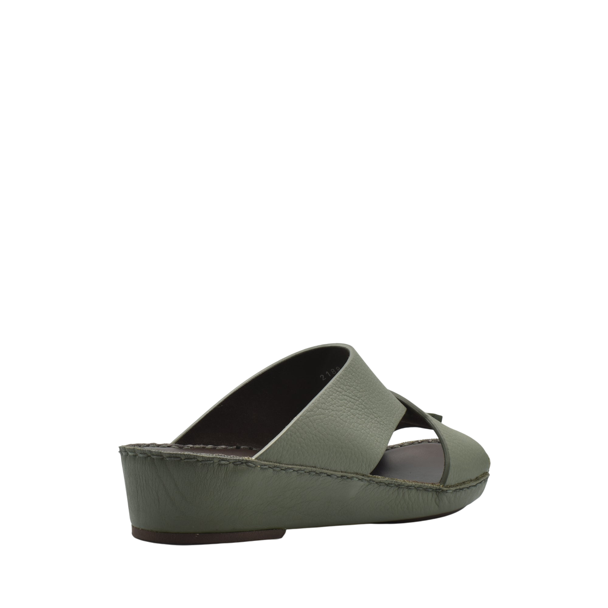 Olive green luxury leather sandals with crisscross straps and low wedge heel by Private Collection