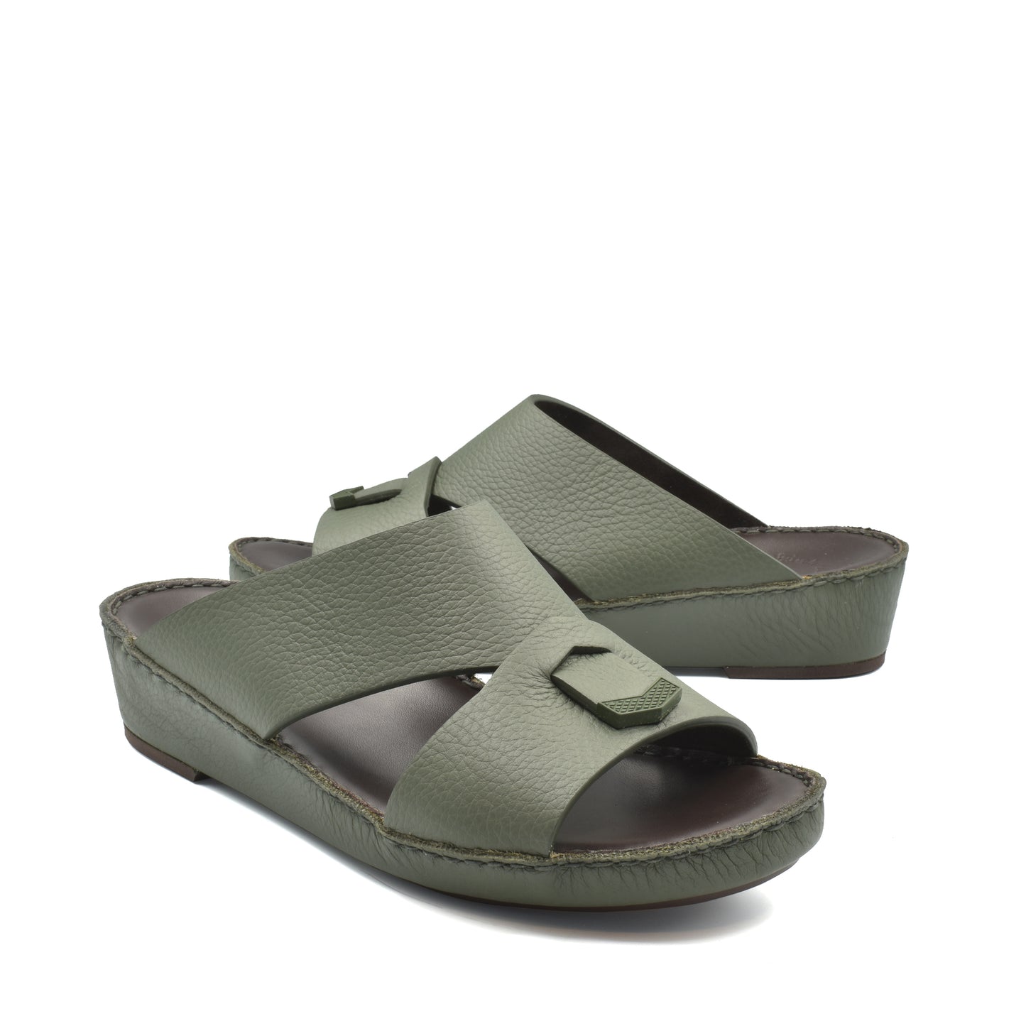 Private Collection olive green luxury leather sandals with open toe and adjustable strap
