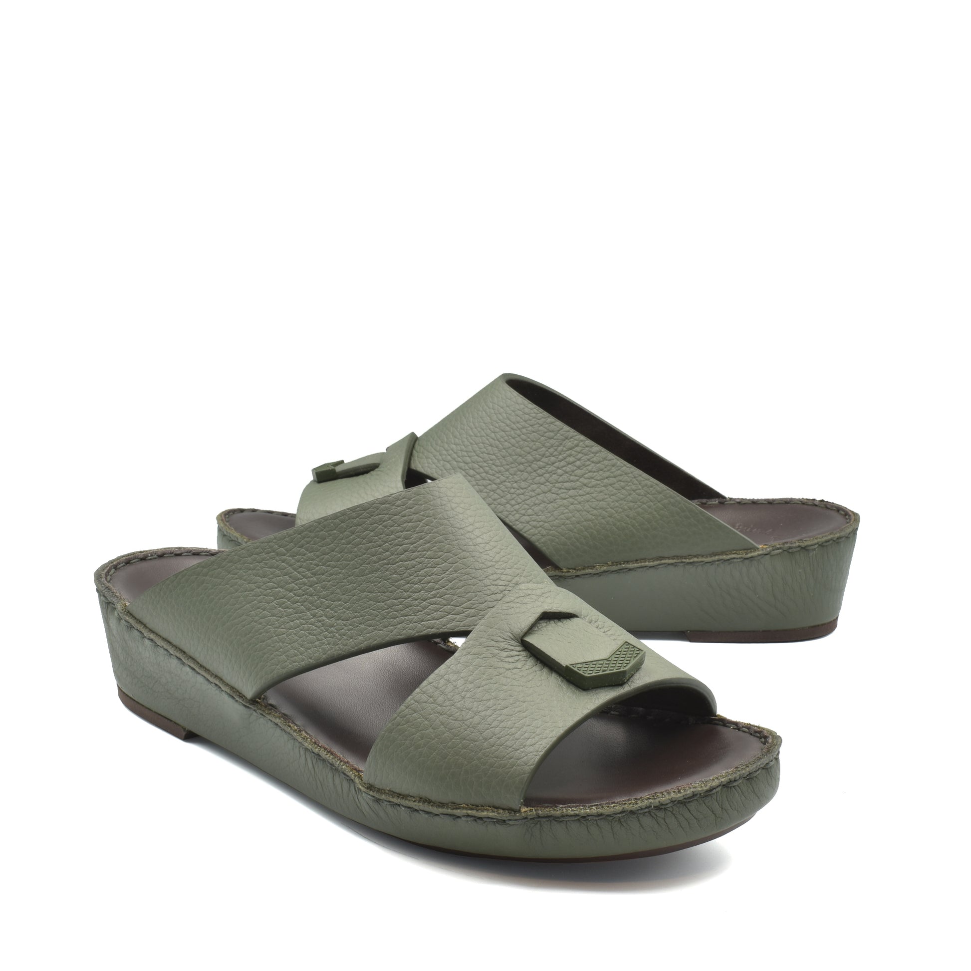 Private Collection olive green luxury leather sandals with open toe and adjustable strap