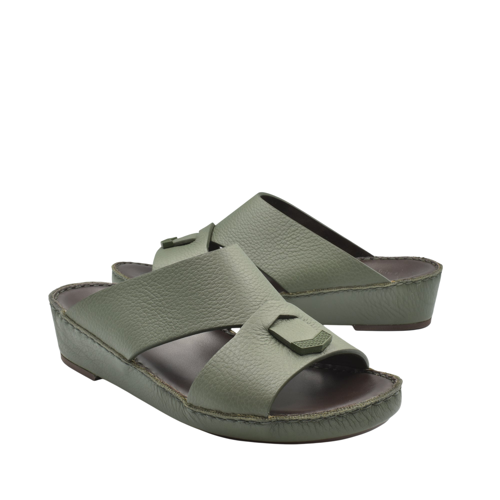 Private Collection olive green luxury leather sandals with open toe and adjustable strap