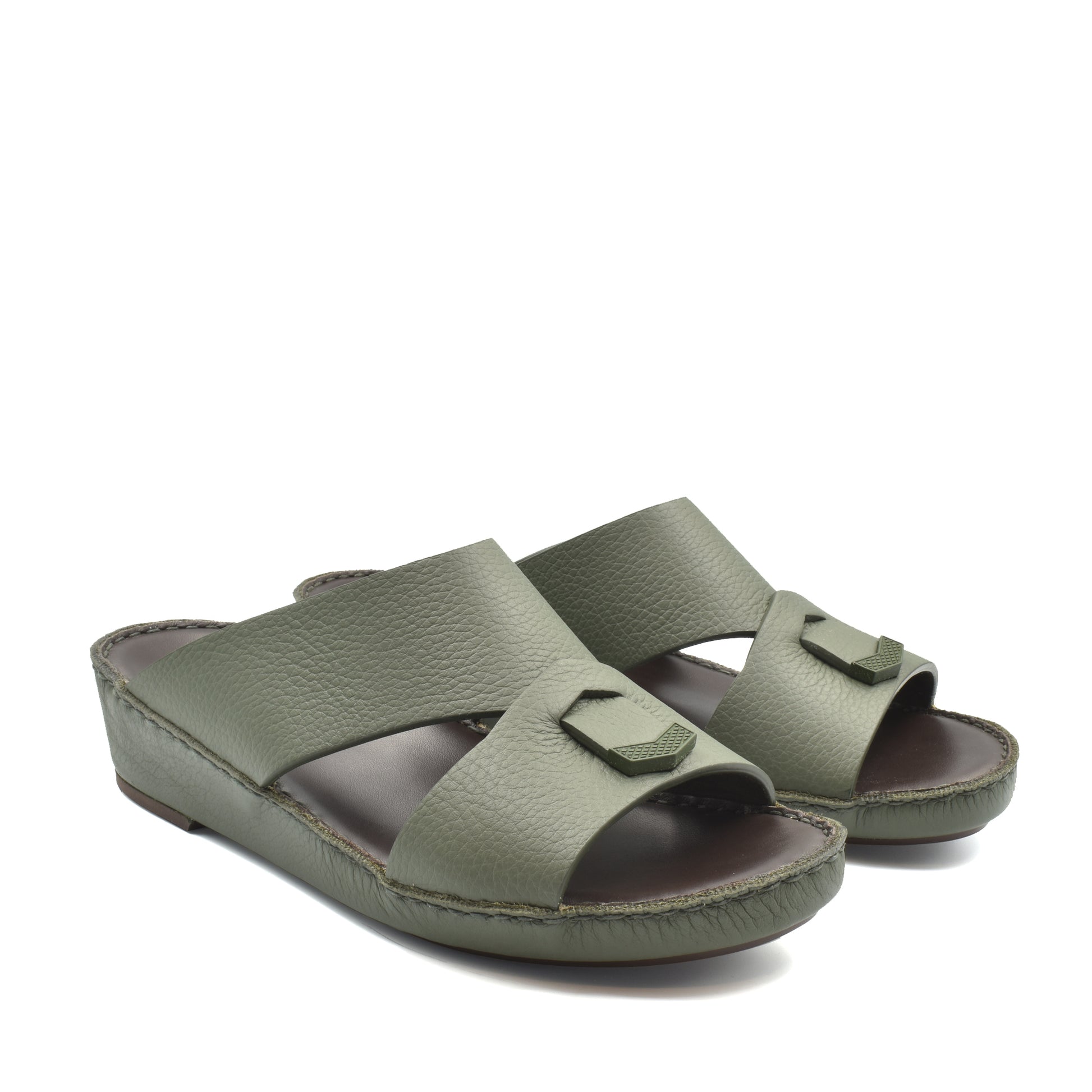 Private Collection olive green luxury leather sandals with open toe and low wedge heel