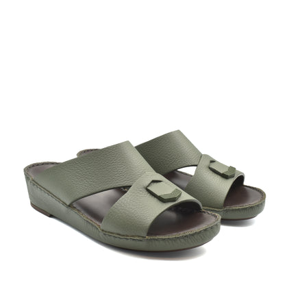 Private Collection olive green luxury leather sandals with open toe and low wedge heel