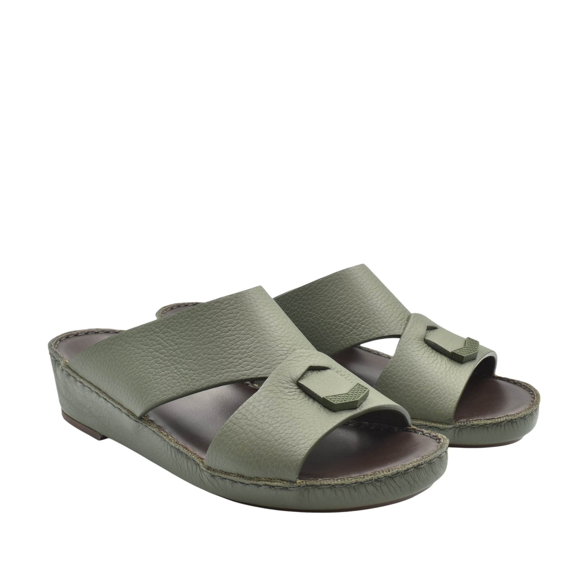 Private Collection olive green luxury leather sandals with open toe and low wedge heel