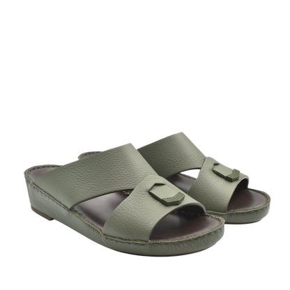 Private Collection olive green luxury leather sandals with open toe and low wedge heel