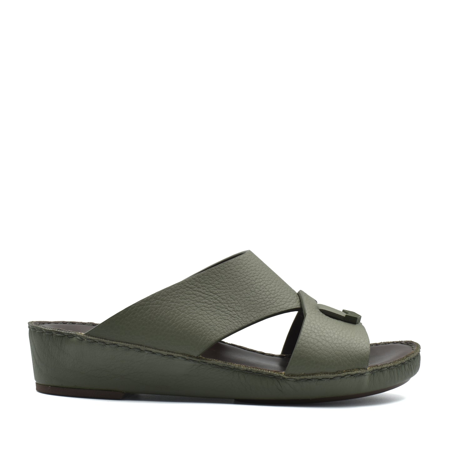 Private Collection olive green luxury leather sandals with open toe and wedge sole