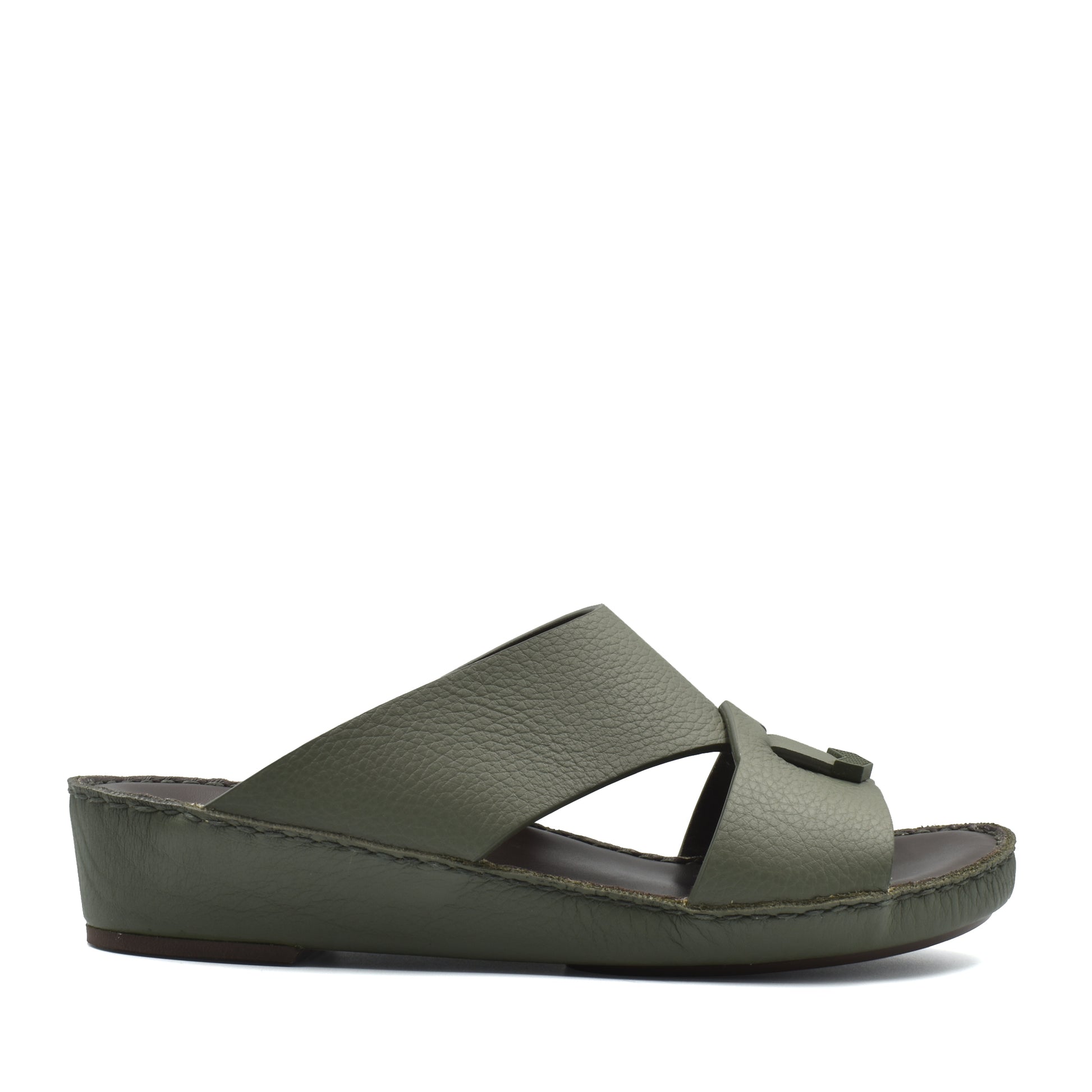Private Collection olive green luxury leather sandals with open toe and wedge sole