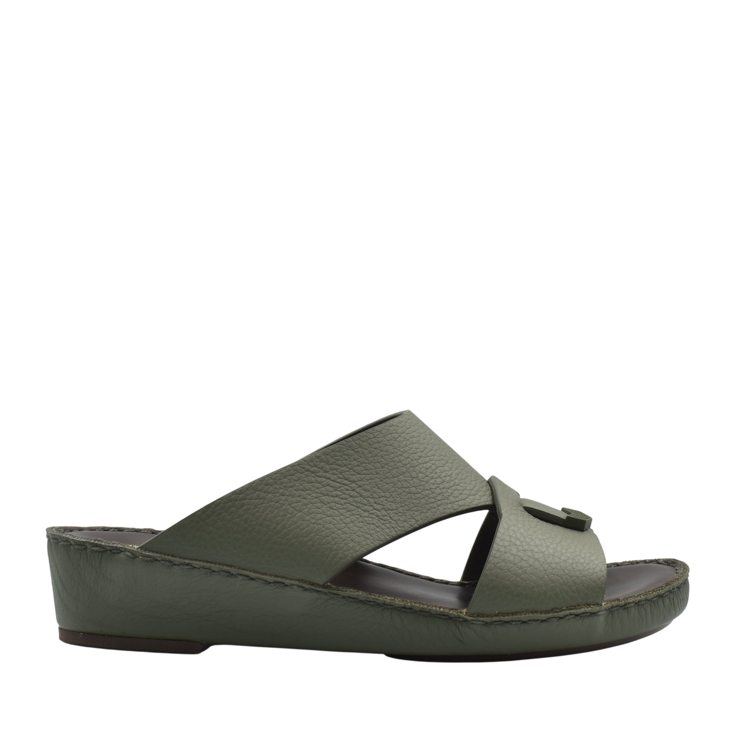 Private Collection olive green luxury leather sandals with open toe and wedge sole