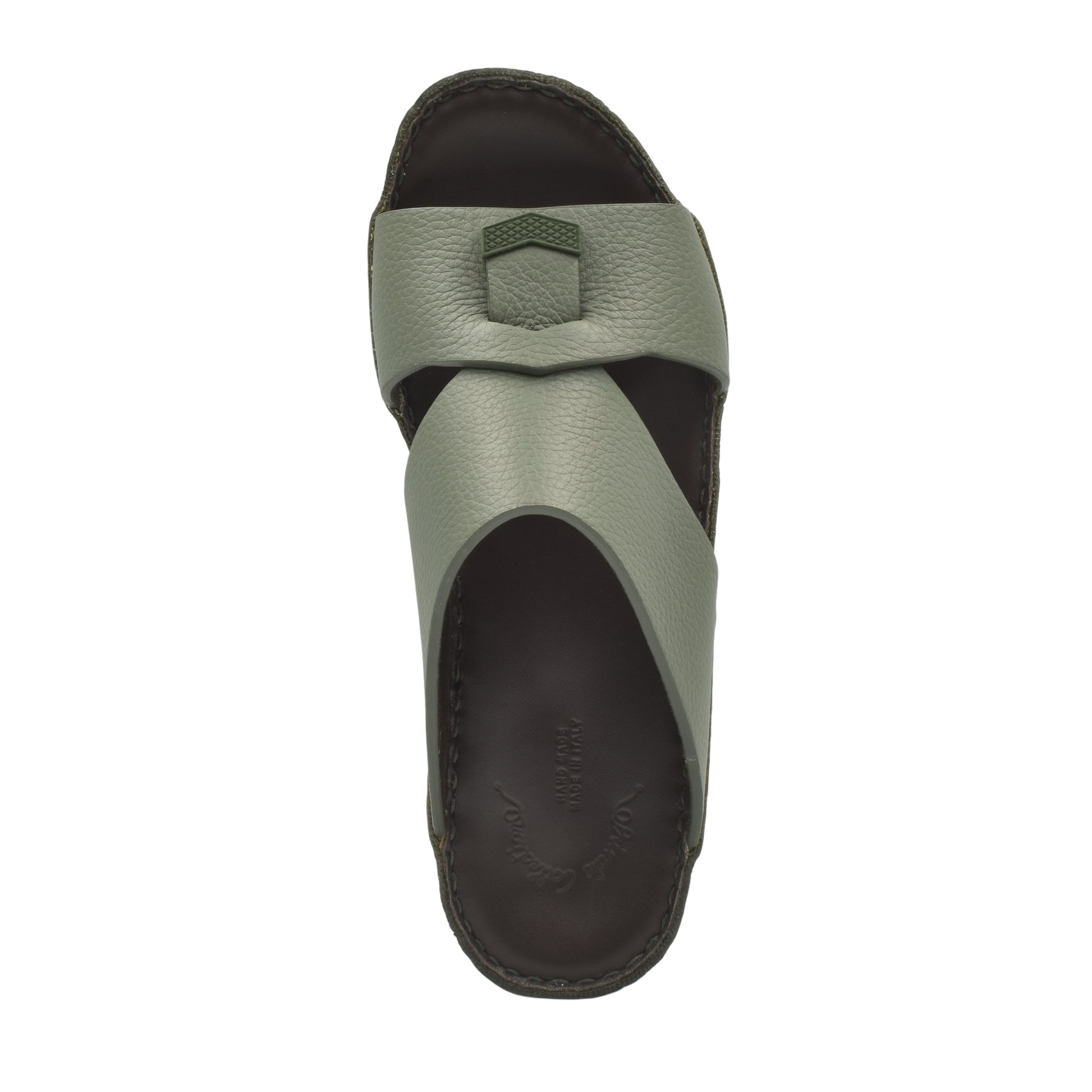 Top view of Private Collection luxury leather sandals in muted green with unique strap design