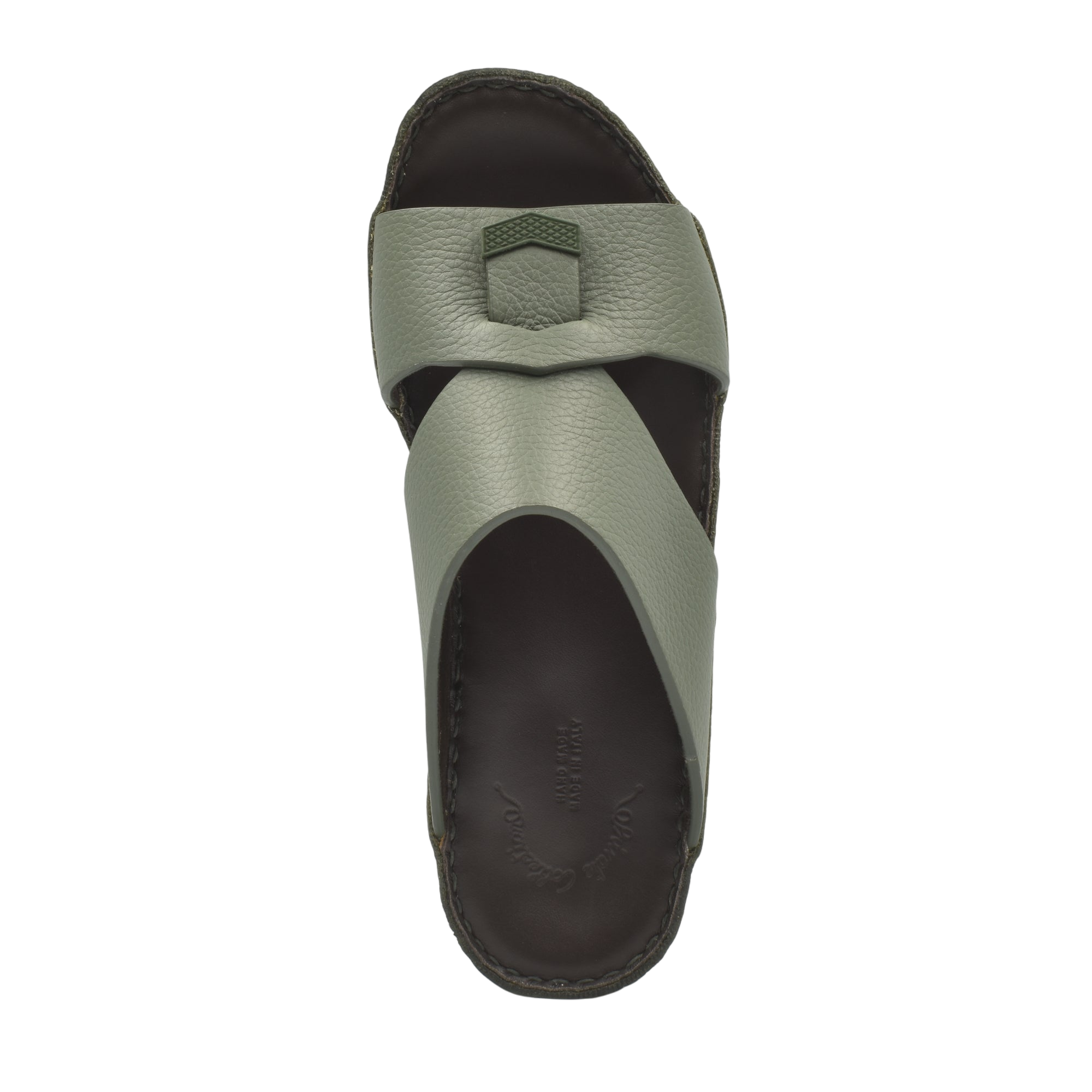 Top view of Private Collection luxury leather sandals in muted green with unique strap design