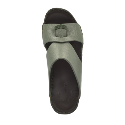 Top view of Private Collection luxury leather sandals in muted green with unique strap design