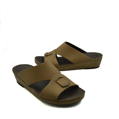Brown luxury leather sandals with wide straps and buckle detail from Private Collection