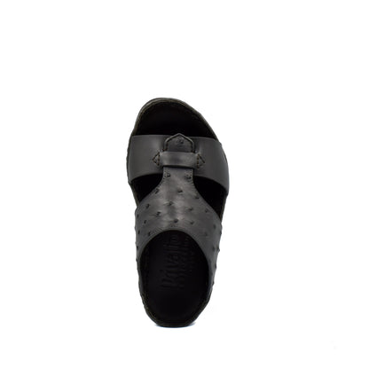 Black comfortable kids sandals with textured straps from Private Collection, top view