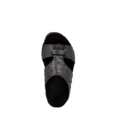 Black comfortable kids sandals with textured straps from Private Collection, top view