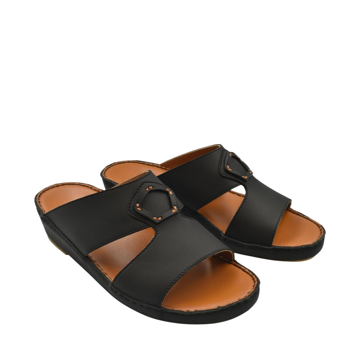 Black comfortable leather slip-on sandals with open toe and decorative buckle detail