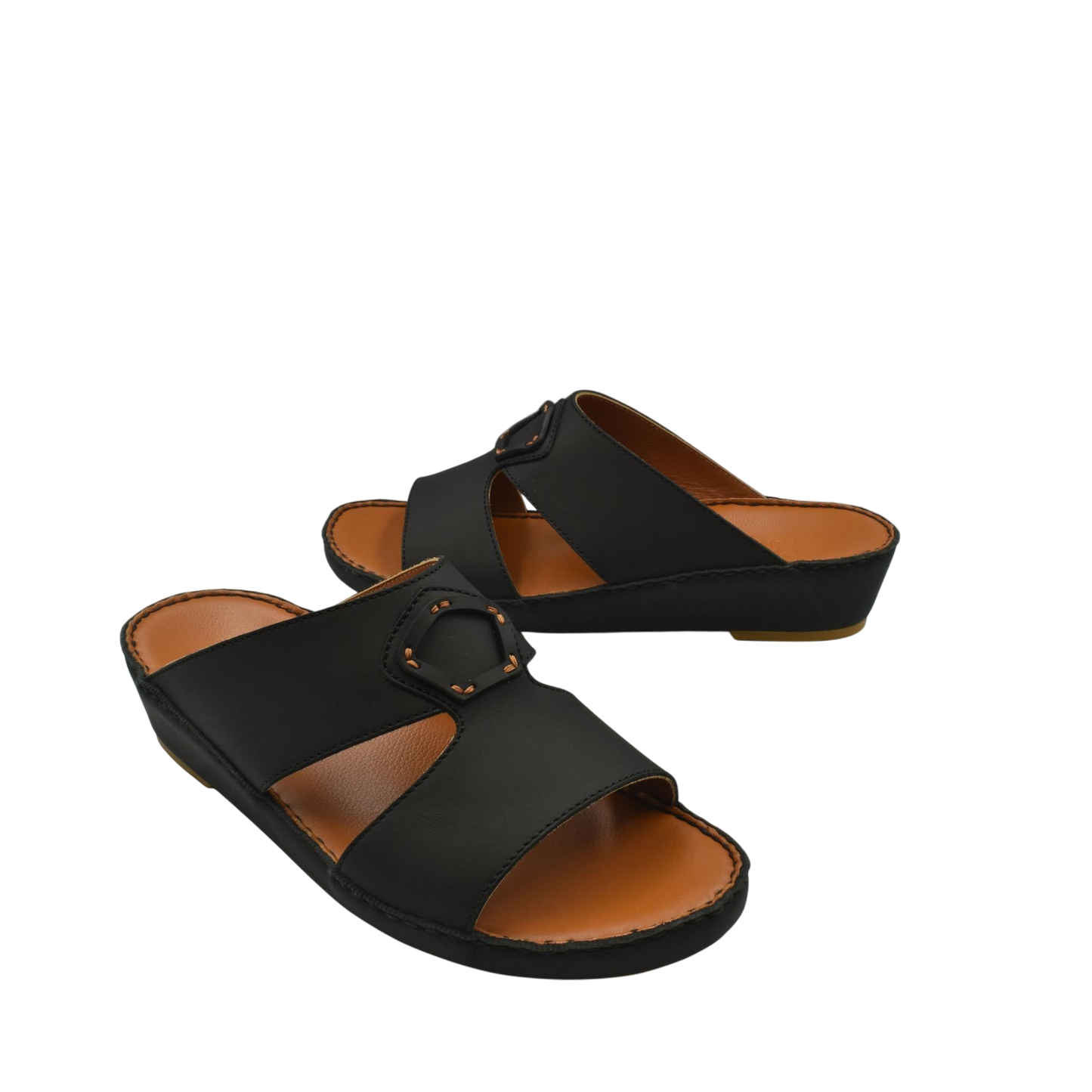 Black comfortable leather slip-on sandals with open toe and adjustable buckle detail